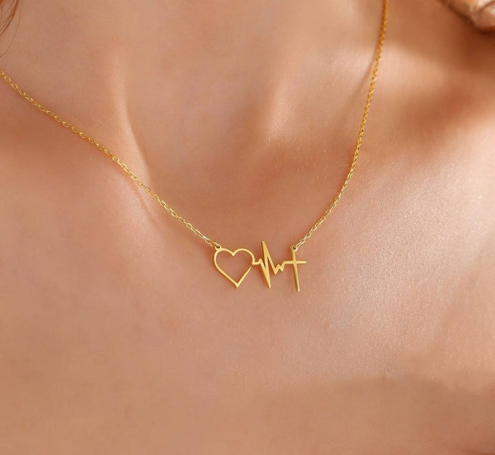 Elegant Electrocardiogram Heart Shape 316 Stainless Steel  18K Gold Plated Pendant Necklace cable chain