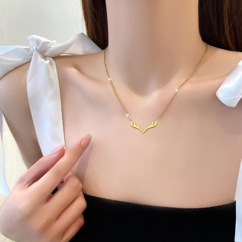 Minimalist style One Deer with You real gold Pendant necklace All-titanium Steel Gold Plated Antler Charm collarbone chain