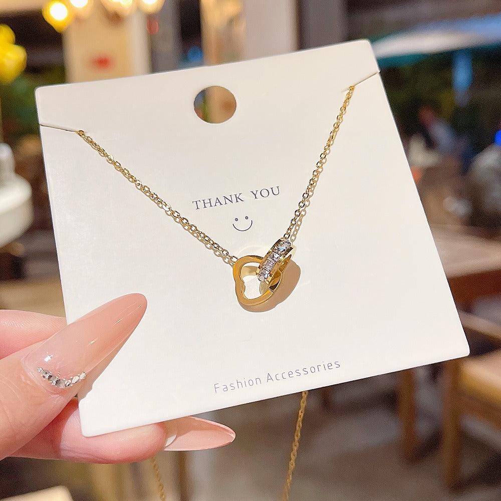 Exquisite 14K18K Gold Plated S925 Sterling Silver Interlocking Diamond Double Ring Pendant Necklace Women Charm Party Jewelry